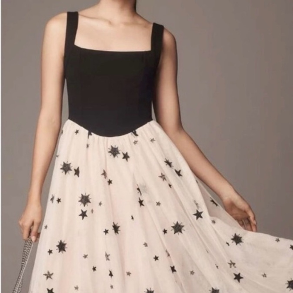 Maeve Elegant Beaded Tulle Pink and Black with Silver Beaded Stars Maxi dress.